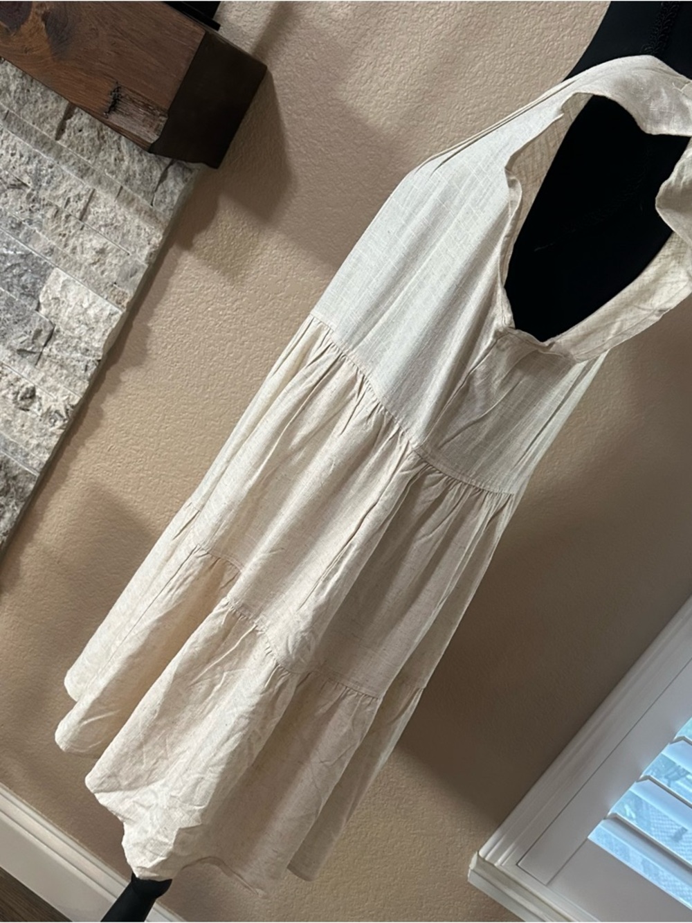 NEW IN beige linen blend tiered dress women’s M pockets BOHO airy summer - Picture 6 of 14